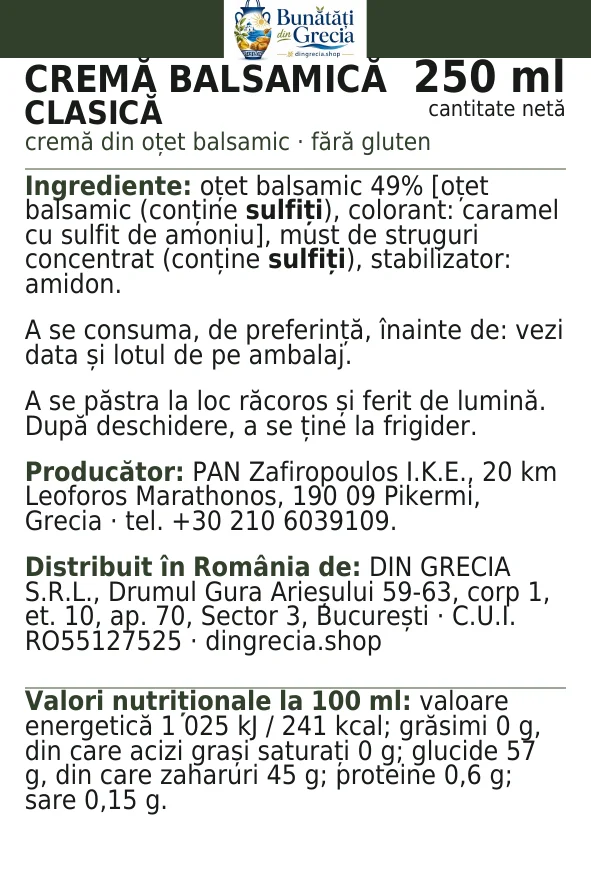 Eticheta legală a produsului Cremă de oțet balsamic simplă, cu ingredientele și valorile nutriționale