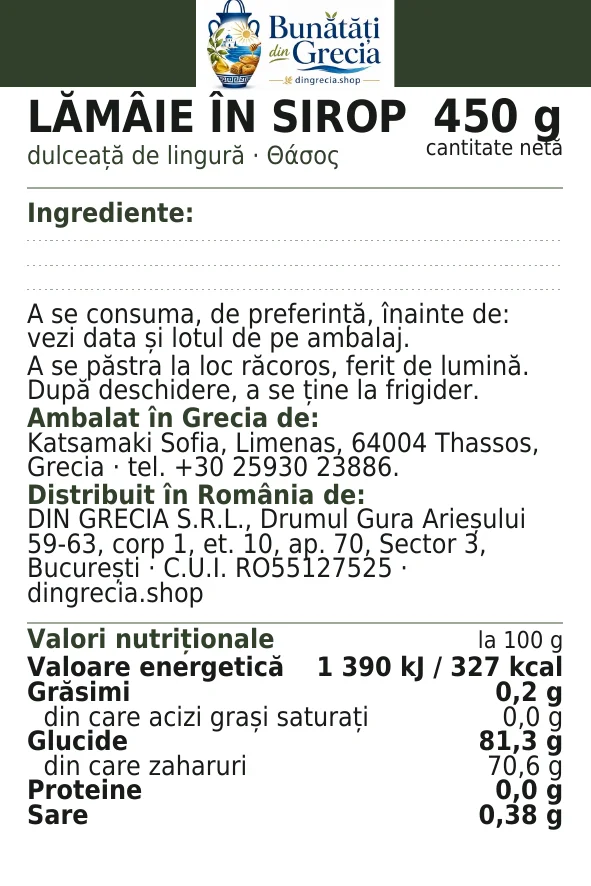Eticheta legală a produsului Dulceață de lămâie, cu ingredientele și valorile nutriționale