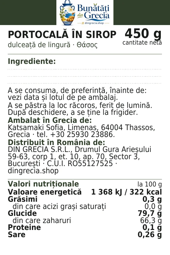 Eticheta legală a produsului Dulceață de portocală, cu ingredientele și valorile nutriționale
