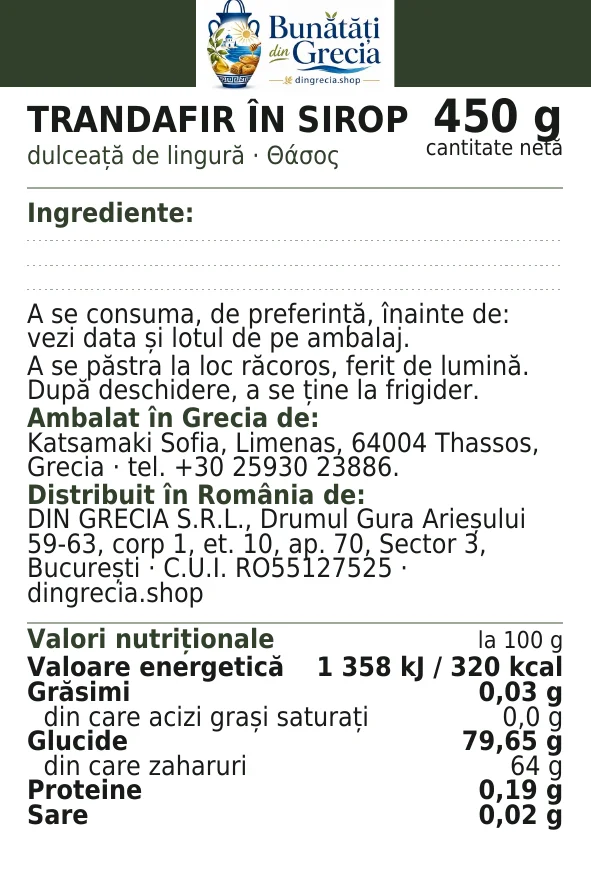 Eticheta legală a produsului Dulceață de trandafir, cu ingredientele și valorile nutriționale