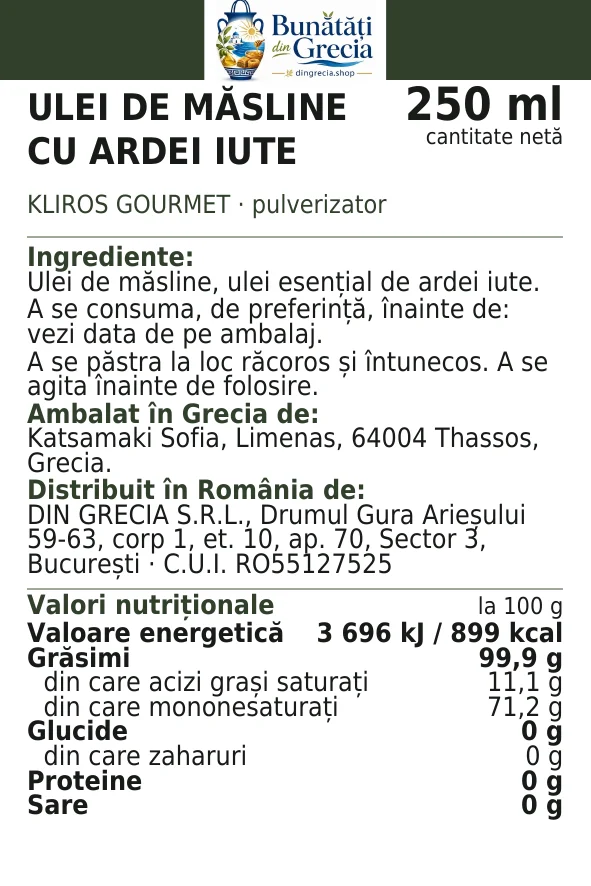 Eticheta legală a produsului Kliros Gourmet spray — chili, cu ingredientele și valorile nutriționale