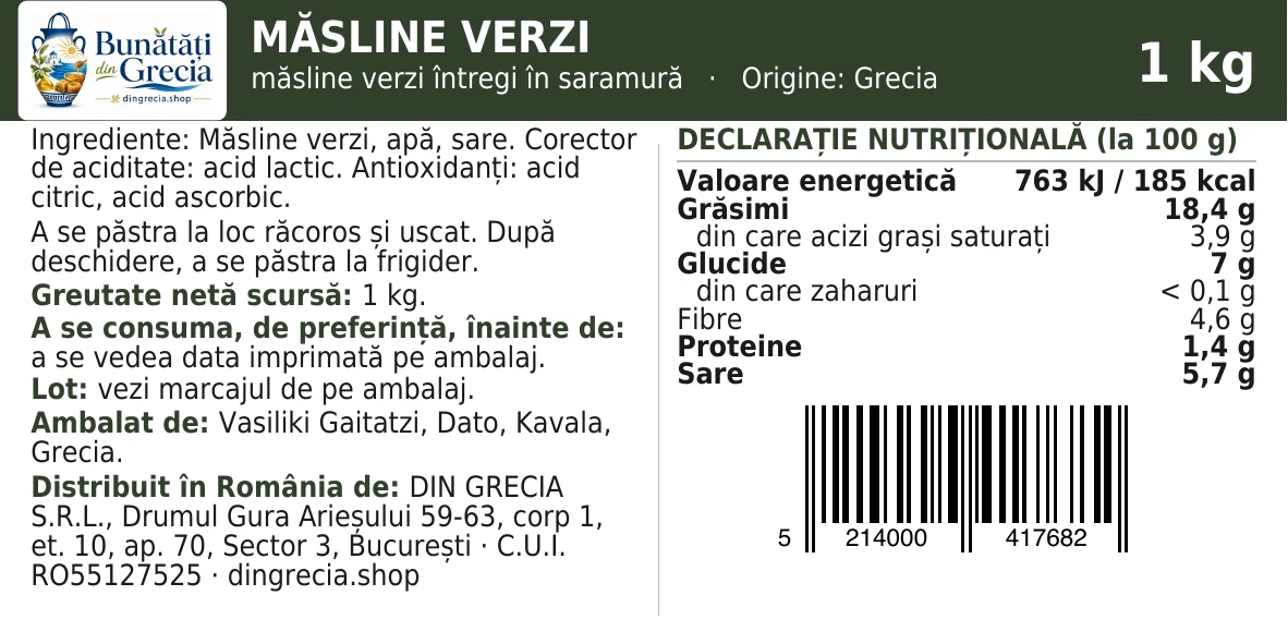Eticheta legală a produsului Măsline verzi Gaitatzí, cu ingredientele și valorile nutriționale