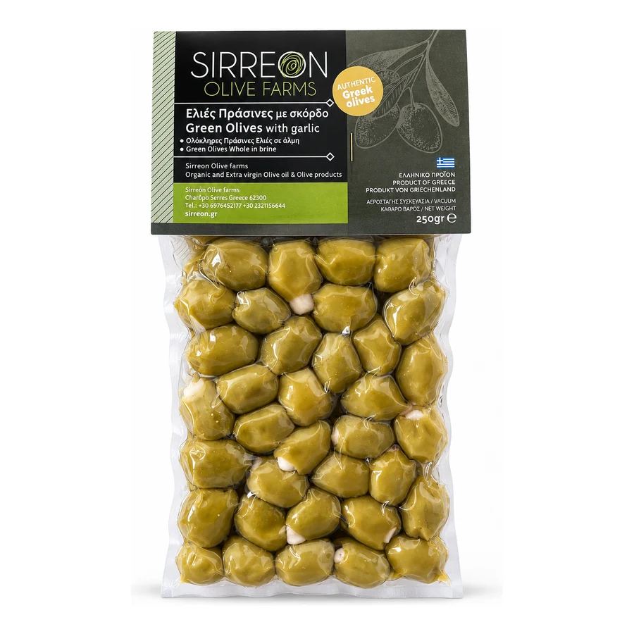 Măsline verzi cu usturoi Sirreon 250 g (vacuum)